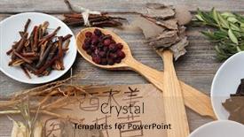  Presentation with traditional medicine medicine - Beautiful PPT theme featuring traditional chinese herbal medicine ingredients with not real hieroglyphs close-up backdrop and a coral colored foreground