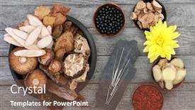  Presentation with traditional wood - Cool new PPT theme with traditional-chinese-herbs-acupuncture-needles backdrop and a tawny brown colored foreground