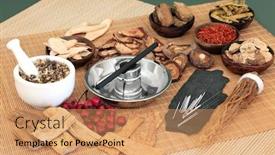  Presentation with traditional chinese medicine - Presentation enhanced with traditional chinese herbs used in herbal medicine with acupuncture needles and moxa stick used in moxibustion therapy on bamboo mats and green background background and a coral colored foreground