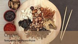  Presentation with traditional chinese medicine - Colorful presentation theme enhanced with traditional chinese herbs used in herbal medicine in bowls on a wooden board bamboo and lotka paper background with chopsticks backdrop and a coral colored foreground
