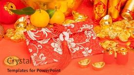  Presentation with chinese-traditional - Presentation theme having traditional-chinese-knot-and-gold and a red colored foreground