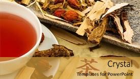  Presentation with tea plant - Audience pleasing presentation design consisting of traditional chinese medicine cure backdrop and a gold colored foreground