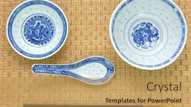  Presentation with chinese traditional - Cool new PPT layouts with traditional chinese table setting chinese bowl spoon plate cropsticks on bamboo mat backdrop and a yellow colored foreground