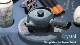  Presentation with chinese traditional - Colorful slides enhanced with traditional chinese teapot used in tea ceremony backdrop and a ocean colored foreground