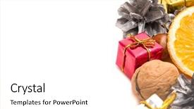  Presentation with christmas hamper gift traditional - Presentation design enhanced with traditional christmas decoration with fruit background and a  colored foreground