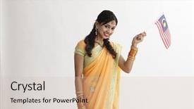  Presentation with indian traditional - Audience pleasing slide set consisting of traditional clothing holding malaysia flag backdrop and a soft green colored foreground