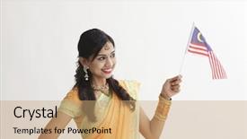  Presentation with malaysia flag - Amazing presentation design having traditional clothing holding malaysia flag backdrop and a coral colored foreground