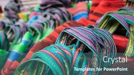  Presentation with traditional - Audience pleasing presentation theme consisting of traditional-colorful-nylon-shopping-bags backdrop and a ocean colored foreground