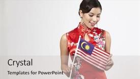  Presentation with malaysia flag - Beautiful presentation theme featuring traditional custome holding malaysia backdrop and a light gray colored foreground