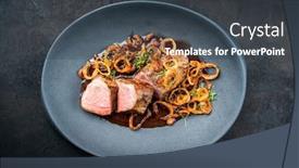  Presentation with roast-beef - Cool new PPT theme with traditional-dry-aged-sliced-roast backdrop and a dark gray colored foreground