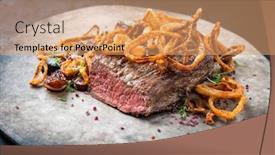  Presentation with roast beef - Amazing PPT theme having traditional-dry-aged-sliced-roast backdrop and a coral colored foreground