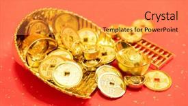  Presentation with chinese calligraphy - PPT layouts enhanced with traditional econimes - chinese new year ornament--gold ingot background and a coral colored foreground