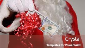  Presentation with santa claus holding scroll paper - PPT layouts having traditional econimes - santa claus holds american money background and a red colored foreground