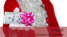  Presentation with santa - PPT theme featuring traditional econimes - santa claus holds american money background and a crimson colored foreground