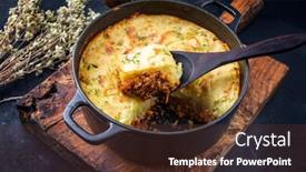  Presentation with english - PPT theme having traditional-english-shepherd-pie-offered background and a tawny brown colored foreground
