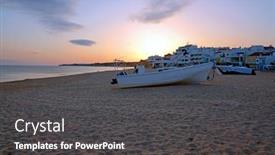 Presentation with fisherman - PPT theme enhanced with traditional fisherman boat on the beach in armacao de pera at sunset background and a dark gray colored foreground