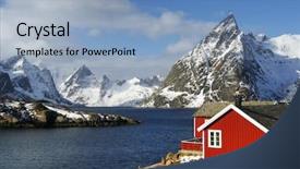  Presentation with traditional - Slides having traditional fishermen cabins in lofoten background and a light blue colored foreground