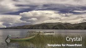  Presentation with long tailed boat fishing boat - Presentation theme with traditional fishing boat on lake titicaca isla de la luna bolivia background and a tawny brown colored foreground