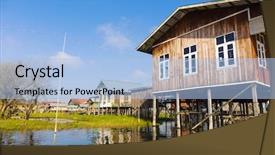  Presentation with floating - Presentation theme featuring traditional floating village at inle lake myanmar burma background and a light blue colored foreground