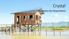  Presentation with village - Cool new theme with traditional floating village house in inle lake myanmar backdrop and a light blue colored foreground