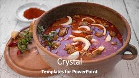  Presentation with beef - Slide set enhanced with traditional food - beef stew in a pot background and a coral colored foreground
