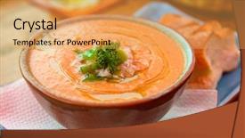  Presentation with pita bread on plate - Amazing theme having traditional food - bowl of gazpacho with bread backdrop and a yellow colored foreground