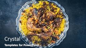  Presentation with fried chicken - PPT layouts having traditional-fried-arabic-chicken-majboos background and a ocean colored foreground