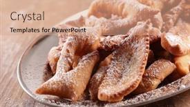  Presentation with sugar - Amazing PPT theme having traditional-fried-bugne-with-sugar backdrop and a coral colored foreground