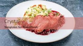  Presentation with veal - Presentation design consisting of traditional-fried-cured-and-sliced background and a coral colored foreground