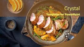 Presentation with iron - Presentation theme featuring traditional-fried-pork-filet-medaillons background and a tawny brown colored foreground