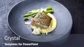  Presentation with olive green - PPT layouts with traditional-fried-skrei-cod-fish background and a ocean colored foreground