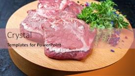  Presentation with raw meat beef veal shank - Slide set featuring traditional german raw beef cheeks offered as closeup with herb and spice on a modern design wooden cutting board background and a coral colored foreground