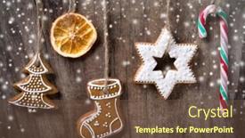  Presentation with gingerbread - PPT layouts enhanced with traditional gingerbread cookies hanging over wooden background background and a tawny brown colored foreground
