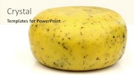  Presentation with white cheese - PPT theme featuring traditional gouda cheese with herbs on a white background background and a blonde colored foreground