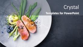  Presentation with breast - Audience pleasing theme consisting of traditional-gourmet-duck-breast-filet backdrop and a dark gray colored foreground
