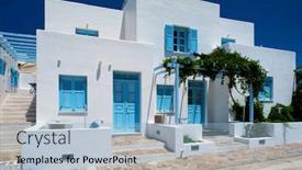  Presentation with greek architecture - Colorful PPT theme enhanced with traditional-greek-architecture-houses-painted backdrop and a light blue colored foreground