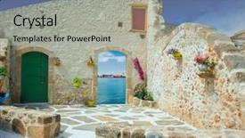  Presentation with crete island - Slides consisting of traditional greek door with a great view on crete island greece background and a light gray colored foreground