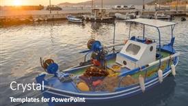  Presentation with fishing nets - Presentation design featuring traditional-greek-fishing-boat background and a ocean colored foreground