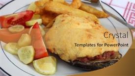  Presentation with eggplant - Audience pleasing PPT theme consisting of traditional greek papoutsakia eggplant stuffed with meat tomato and parsley sauce and topped with bechamel being served with a tomato and cucumber salad and french fried potato chips backdrop and a yellow colored foreground