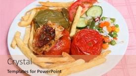  Presentation with french restaurant - Presentation theme with traditional greek stuffed vegetables gemista served by a taverna restaurant with french fried potato chips rice and vegetables background and a yellow colored foreground