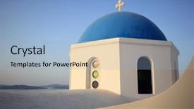  Presentation with church bells - Presentation featuring traditional greek white church arch with cross and bells in village oia of cyclades island santorini greece background and a light blue colored foreground