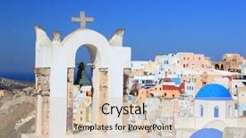  Presentation with church bells - Beautiful PPT layouts featuring traditional greek white church arch with cross and bells in village oia of cyclades island santorini greece backdrop and a lemonade colored foreground