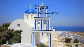  Presentation with church bells - Cool new slides with traditional greek white church arch with cross and bells with santorini greece backdrop and a light blue colored foreground