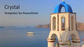  Presentation with church bells - Colorful slide set enhanced with traditional greek white church arch with cross and bells in village oia of cyclades island santorini greece backdrop and a light blue colored foreground