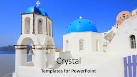  Presentation with church bells - PPT theme with traditional greek white church arch with cross and bells in village oia of cyclades island santorini greece background and a light gray colored foreground