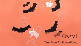  Presentation with ghosts - Beautiful PPT theme featuring traditional haloween symbols of black bats pumpkins and ghosts on red background haloween picture and frame for logo backdrop and a coral colored foreground