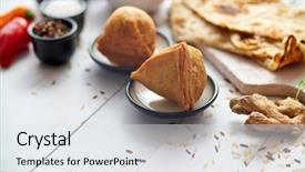  Presentation with snack food - Beautiful presentation design featuring traditional indian food snack samosa backdrop and a sky blue colored foreground