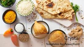  Presentation with snack - Slide deck having traditional indian food snack samosa background and a coral colored foreground