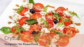  Presentation with mozzarella cheese - PPT theme featuring traditional-italian-caprice-salad-tomato background and a coral colored foreground
