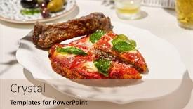  Presentation with white plate - Presentation design having traditional-italian-dish-milanese-steak background and a coral colored foreground